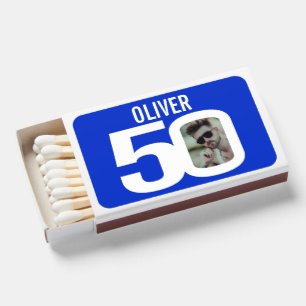 50th birthday blue and white custom photo name matchboxes