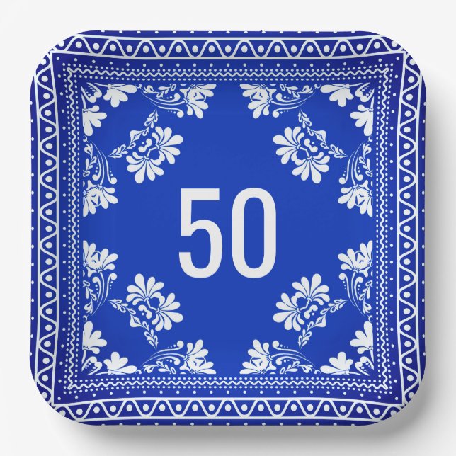 50th Birthday Blue Bandana  Paper Plates (Front)