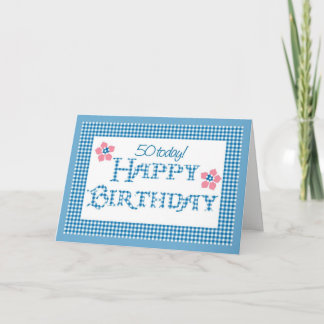 50th Birthday, Blue Check Gingham Pattern Card
