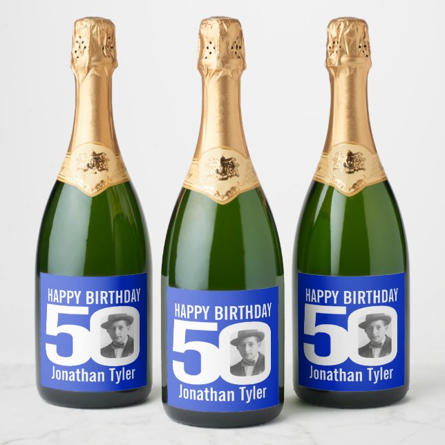 50th Birthday blue custom photo name label (Bottles)
