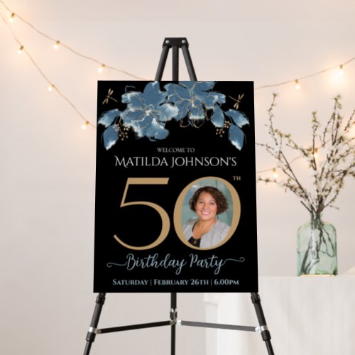 50th Birthday Blue Floral Black Gold Photo Welcome Foam Board