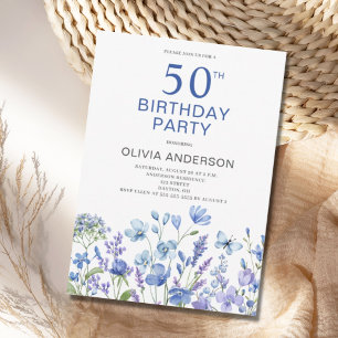 50th Birthday Blue Floral Botanical Invitation