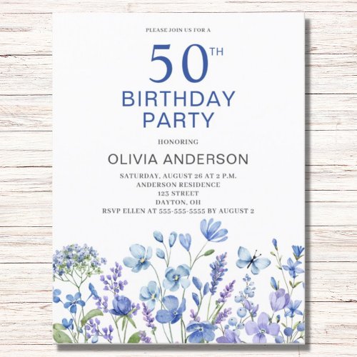 50th Birthday Blue Floral Invitation Postcard