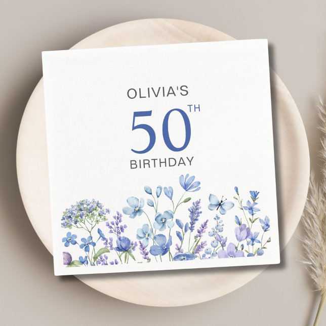 50th Birthday Blue Floral  Napkins (Creator Uploaded)
