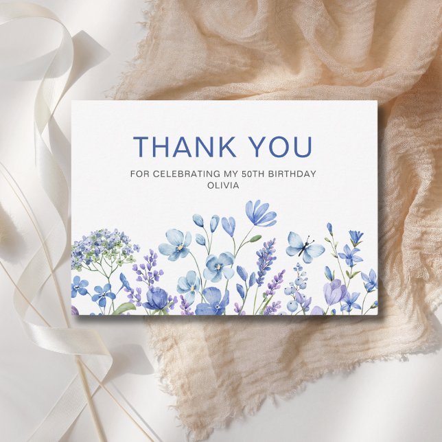 50th Birthday Blue Floral  Thank You Card (Creator Uploaded)