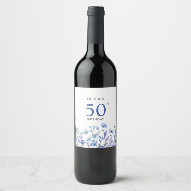 50th Birthday Blue Floral  Wine Label (Front)