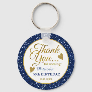 50th Birthday Blue Glitter And Gold Thank You   Keychain
