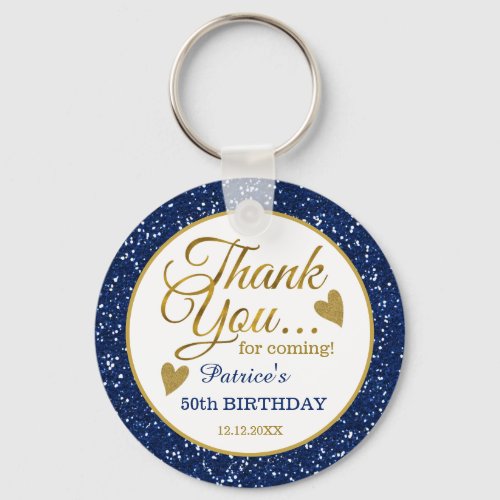 50th Birthday Blue Glitter And Gold Thank You   Keychain