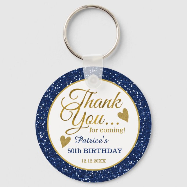 50th Birthday Blue Glitter And Gold Thank You   Keychain (Front)