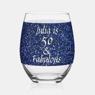 50th Birthday Blue Glitter Gift Favor Trendy Stemless Wine Glass