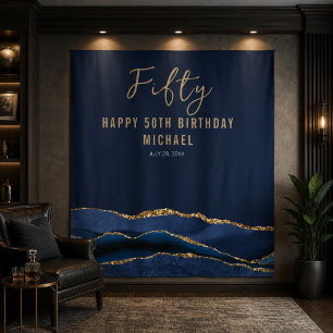 50th Birthday Blue Gold Agate Photo Backdrop