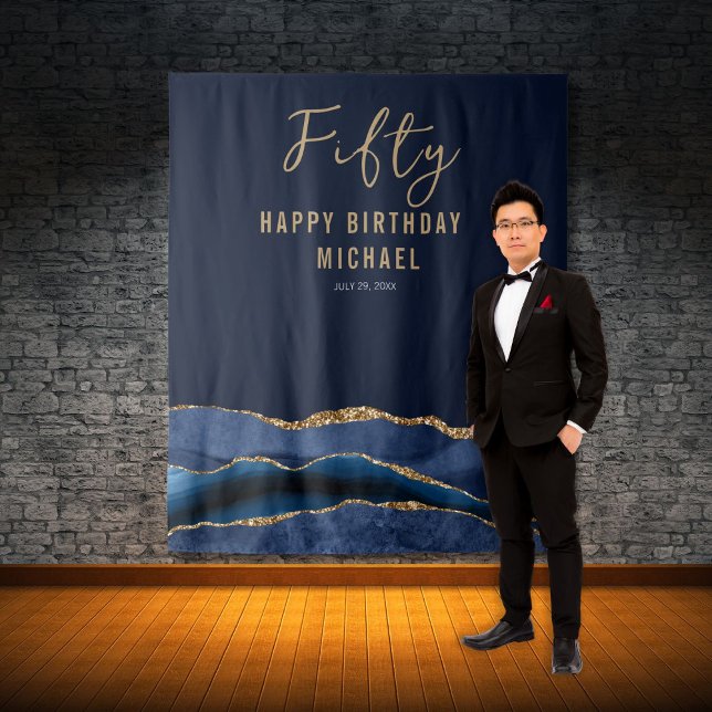 50th Birthday Blue Gold Agate Photo Backdrop (Creator Uploaded)