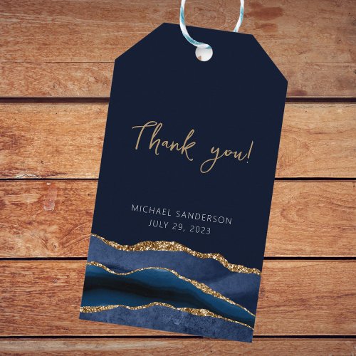 50th Birthday Blue Gold Agate Thank You  Gift Tags