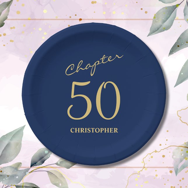 50th Birthday Blue Gold Chapter 50 Paper Plates (Make your loved one's 50th birthday celebration memorable with our stunning Blue Gold paper plates)