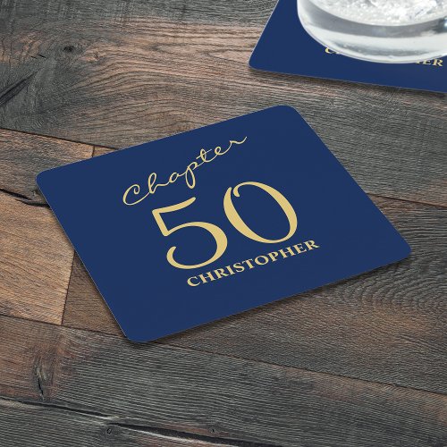 50th Birthday Blue Gold Chapter 50 Square Paper Coaster