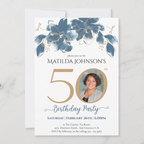 50th Birthday Blue Gold Floral Custom Photo Pretty Invitation