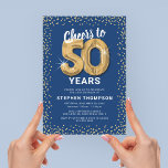 50th Birthday Blue Gold Invitation<br><div class="desc">Elegant fiftieth birthday party invitation featuring a trendy blue background that can be changed to any color,  gold sparkly glitter,  fifty gold hellium balloons,  and a modern 50th birthday celebration text template that is easy to personalize.</div>