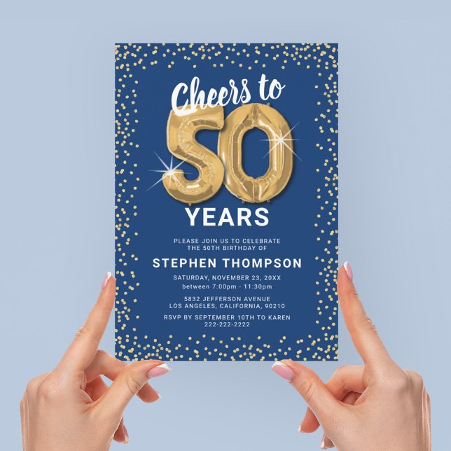 50th Birthday Blue Gold Invitation (Creator Uploaded)