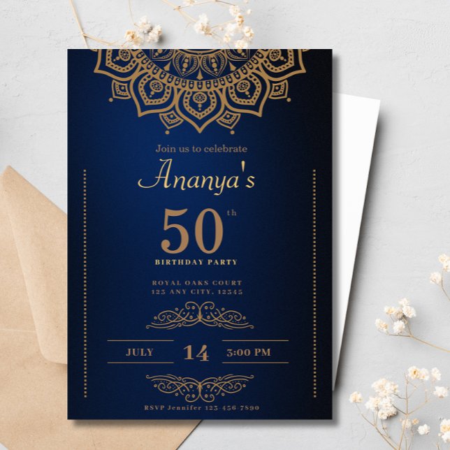 50th Birthday Blue Gold Mandala Elegant Simple Invitation (Creator Uploaded)
