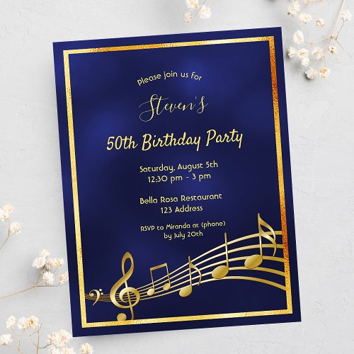 50th birthday blue gold music notes invitation