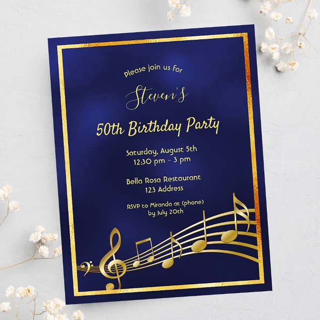 50th birthday blue gold music notes invitation (Creator Uploaded)