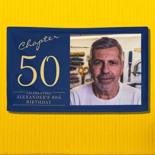 50th Birthday Blue Gold Photo Banner