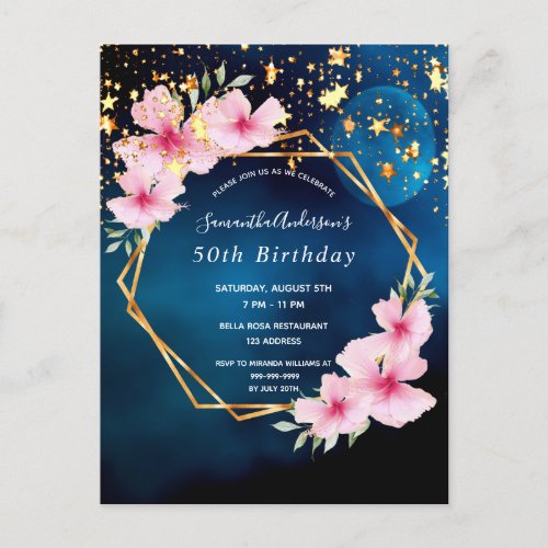 50th birthday blue gold pink florals geometric postcard
