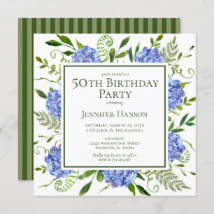 50th Birthday Blue Hydrangeas Floral Watercolor Invitation