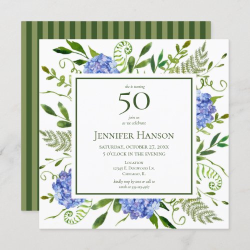 50th Birthday Blue Hydrangeas Invitation