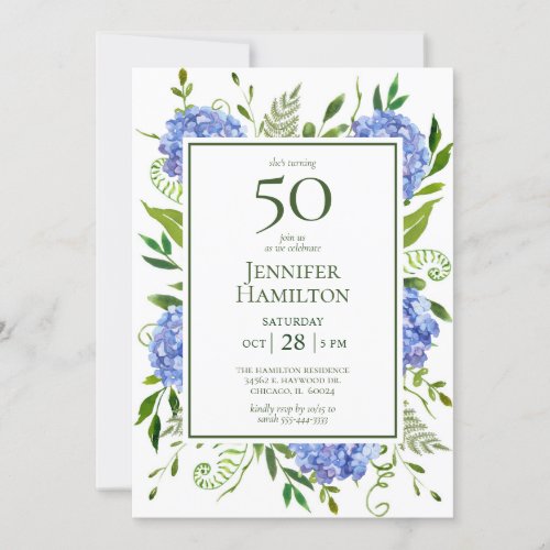 50th Birthday Blue Hydrangeas Invitation