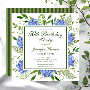 50th Birthday Blue Hydrangeas Script Invitation