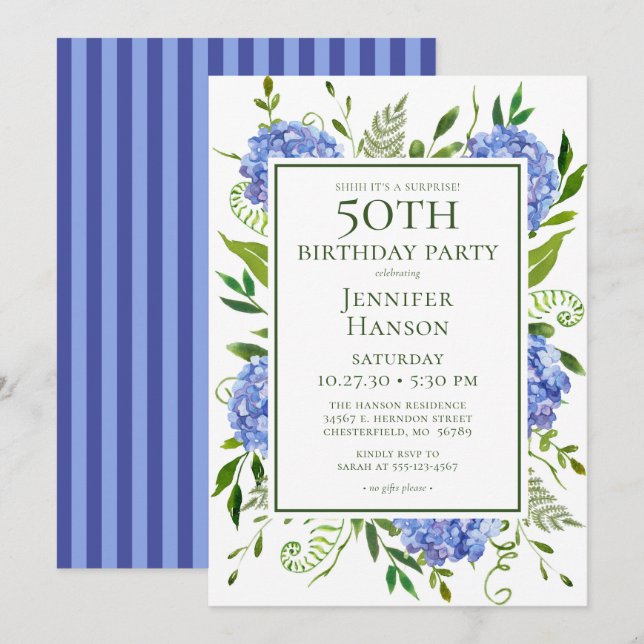 50th Birthday Blue Hydrangeas Surprise Party Invitation (Front/Back)