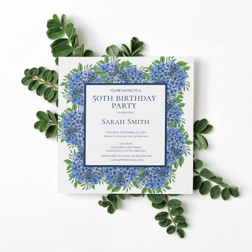 50th Birthday Blue Hydrangeas Watercolor Party Inv Invitation