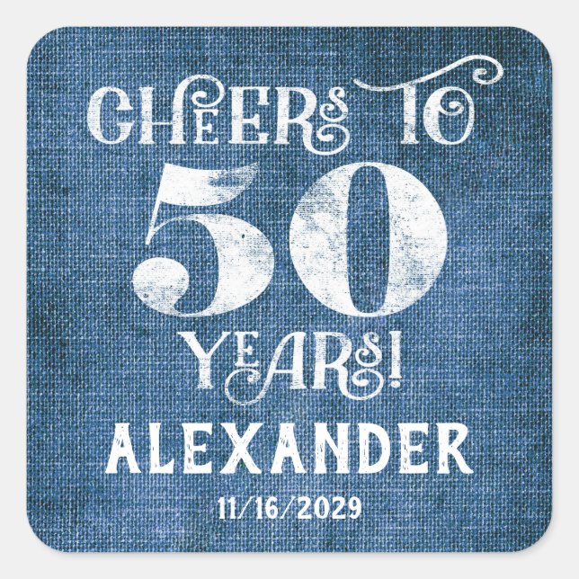 50th Birthday Blue Linen Thank You Favor Stickers (Front)