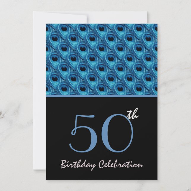 50th Birthday Blue Peacock Feathers Template (Front)