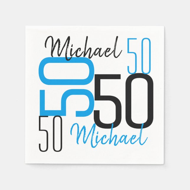50th Birthday Blue Personalized Paper Napkins (Front)