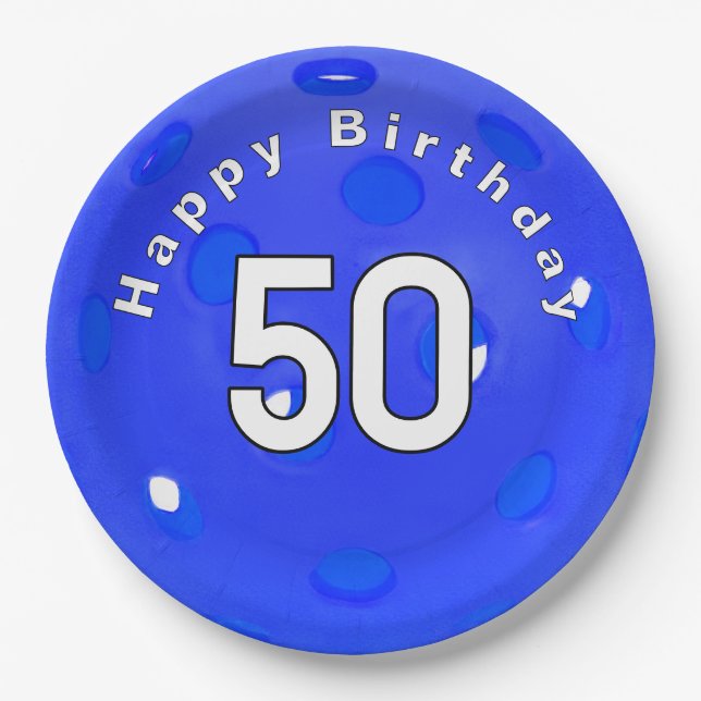 50th Birthday Blue Pickleball Paper Plates (Front)