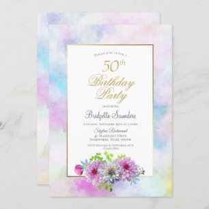 50th Birthday Blue Pink Floral Gold Pastel Border Invitation