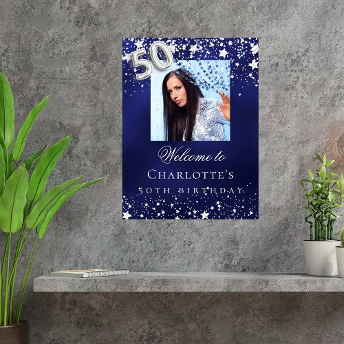 50th Birthday blue silver stars photo welcome Poster