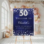 50th Birthday blue silver stars welcome party Foam Board<br><div class="desc">A welcome board for a 50th birthday party.  A navy blue background with elegant faux silver stars. The blue color is uneven.  Personalize and add a name and text.  White letters. 
Back: no design</div>
