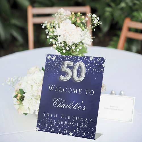 50th Birthday blue silver stars welcome party Pedestal Sign
