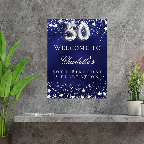 50th Birthday blue silver stars welcome party Poster