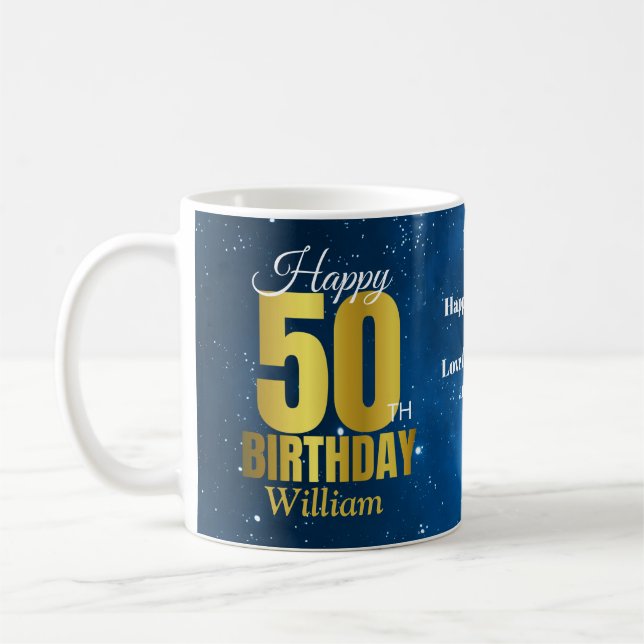 50th Birthday Blue Space Typography Coffee Mug (Left)