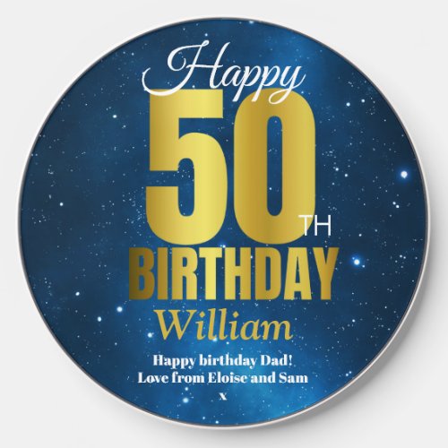 50th Birthday Blue Space Typography Wireless Charger
