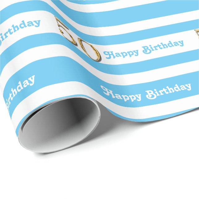50th birthday blue white gold wrapping paper (Roll Corner)