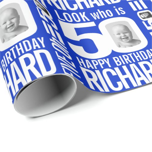 50th birthday blue white look 50 custom photo name wrapping paper