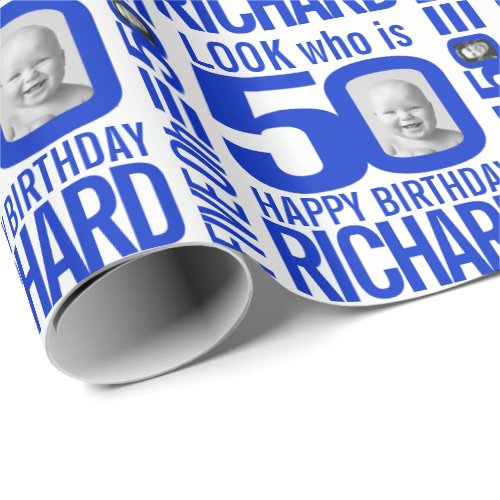 50th birthday blue white look 50 custom photo name wrapping paper