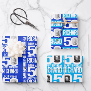 50th birthday blue white look 50 custom photo name wrapping paper sheets