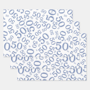 50th Birthday Blue & White Random Number Pattern W Wrapping Paper Sheets