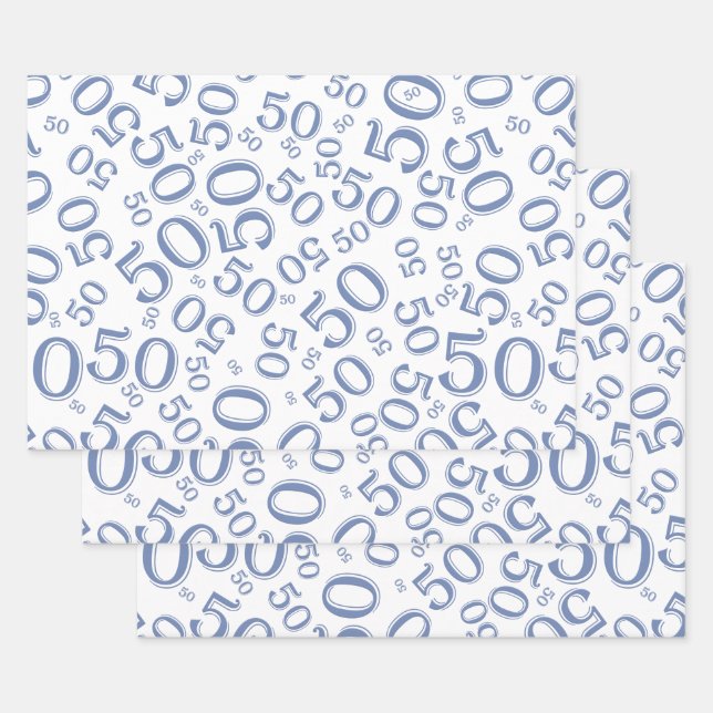 50th Birthday Blue & White Random Number Pattern W Wrapping Paper Sheets (Set)
